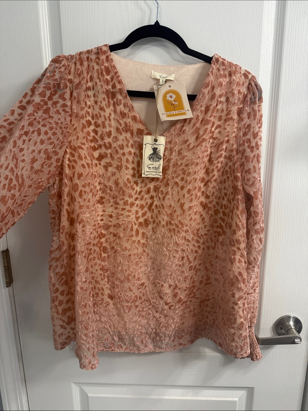 easel Blush Pink Velvet Burnout Flowy Sheer Animal-Print V-Neck Blouse